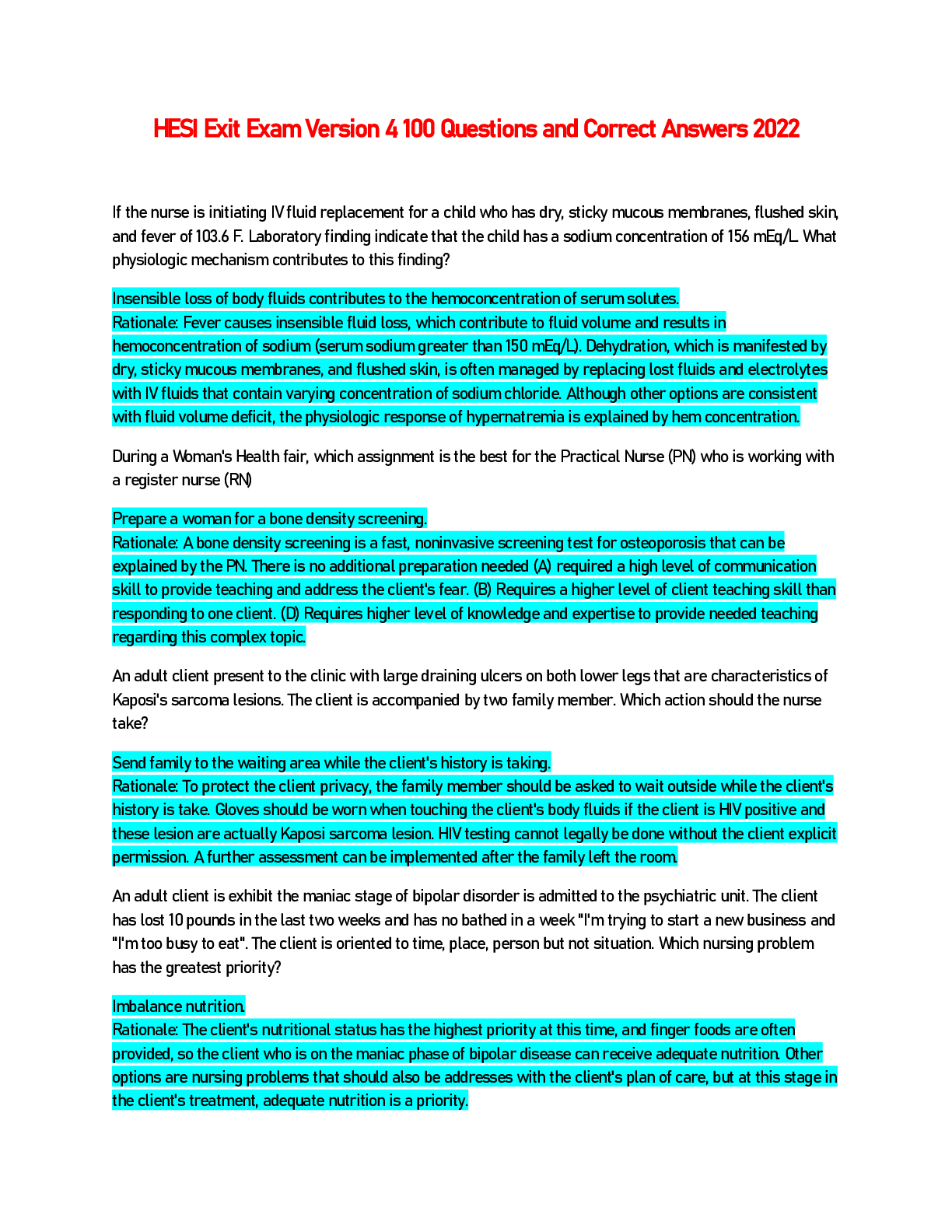 Preview of HESI Exit Exam Version 4 100 Questions and Correct Answers 2022